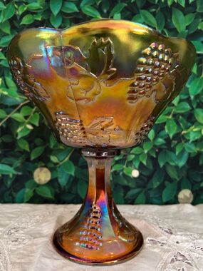 Vintage Iridescent Amber Carnival Glass Compote - Decorative Home Art
